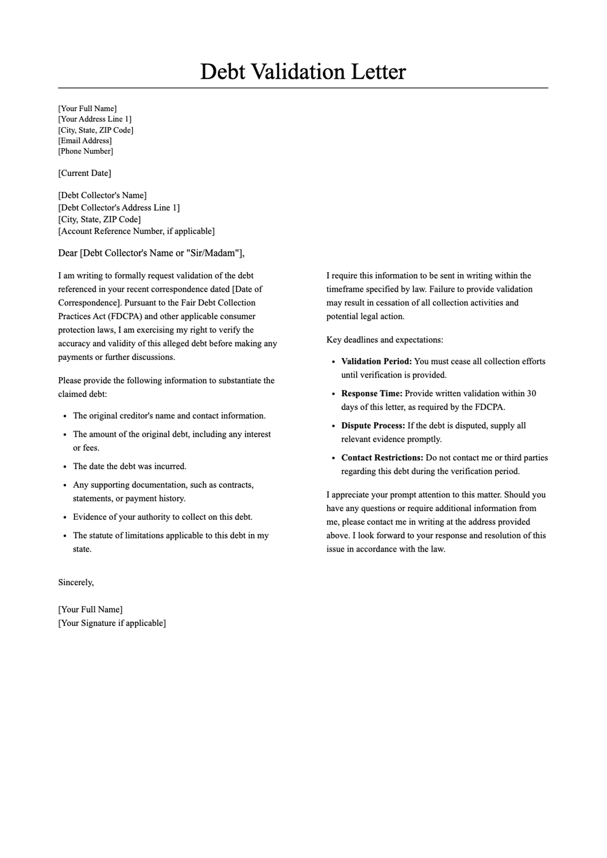 Debt verification letter template with placeholder fields and bullet point instructions_variant_1